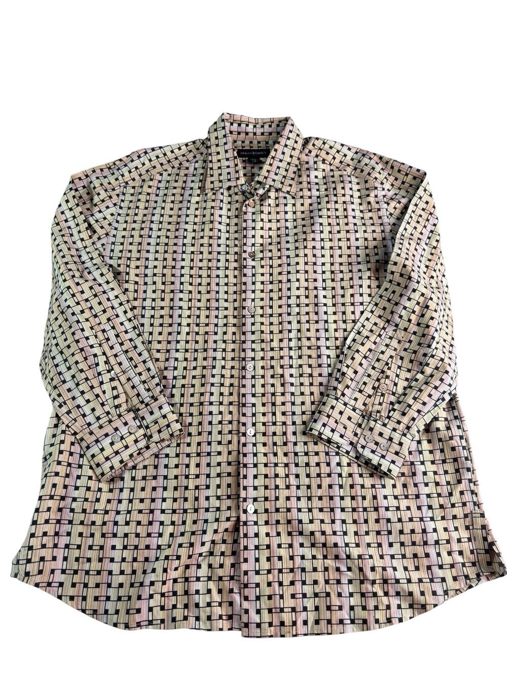 Jhane Barnes Mens Large 70% Silk Shirt Geometric Abstract Long Sleeve Button Up